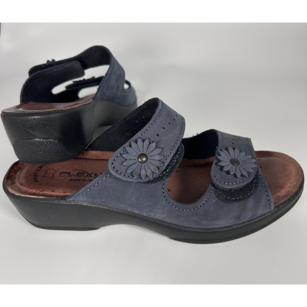 Flexus Sandals Womens 38 Slip On 2 Strap Wedge Slide Blue Leather Made in Italy